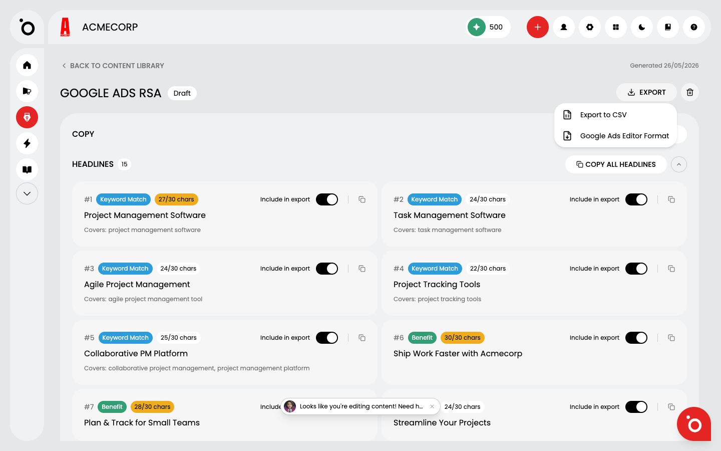 The Export menu open over the generated RSA, showing Export to CSV and Google Ads Editor Format