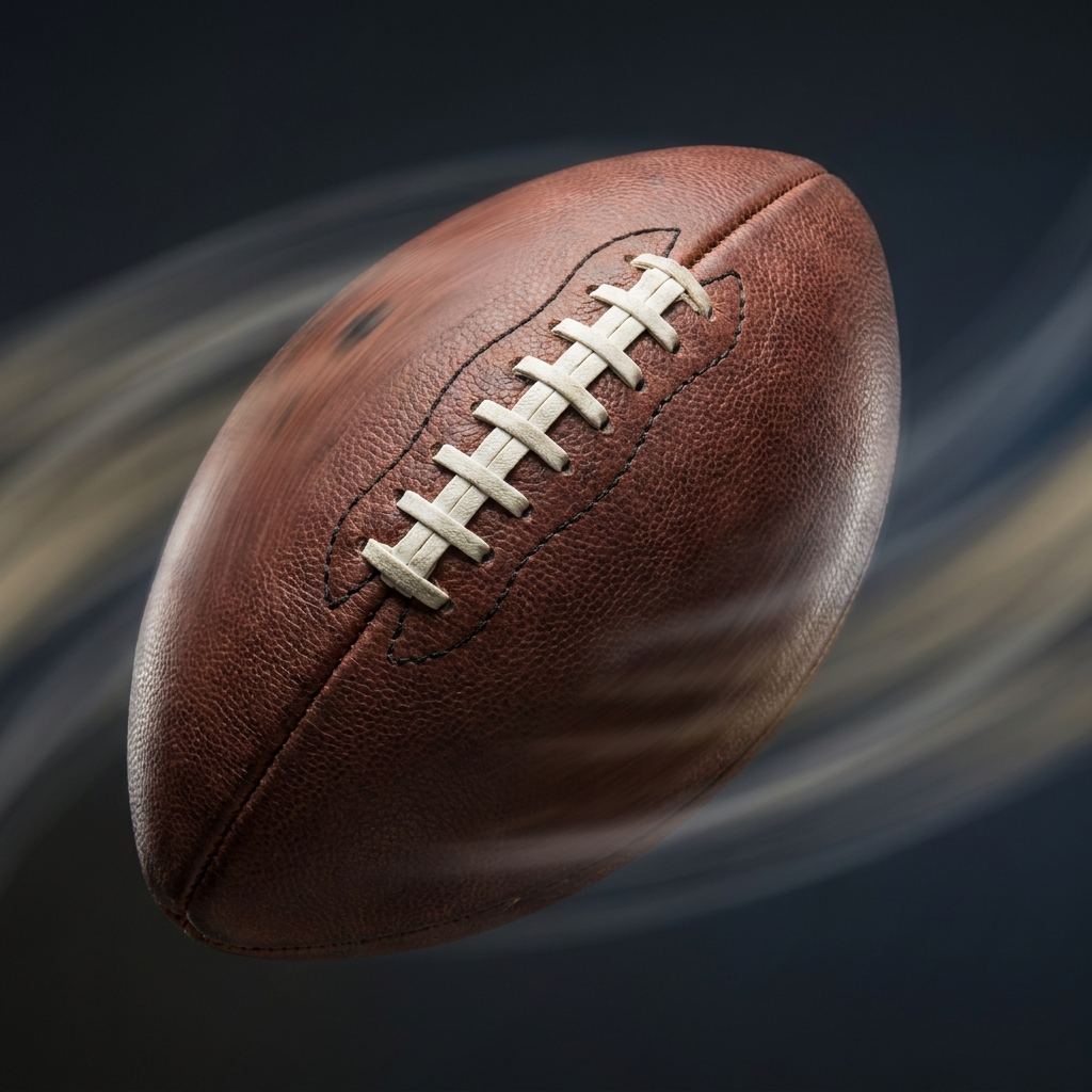 Close up of a football spiral cutting through gusty air with motion blur showing trajectory change on a dark Funded Plays background How Weather Influences Individual Performance Markets
