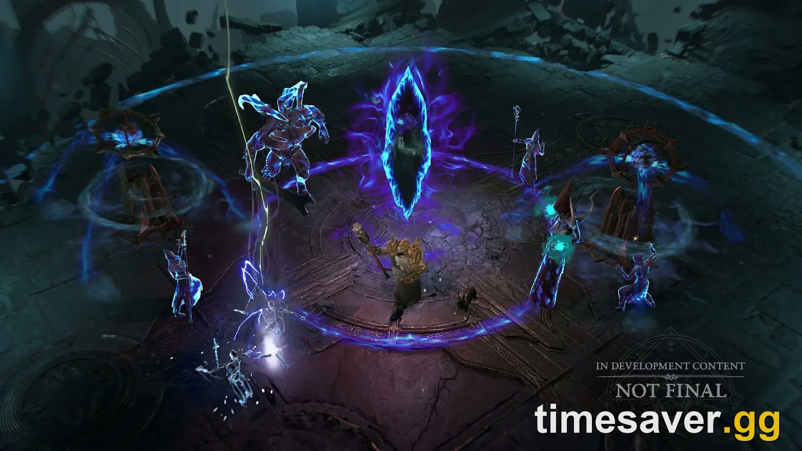 Diablo 4 Season 14 Deathtoll Chamber interior showing the ritual arena floor with Pandemonium Pillar and winged boss