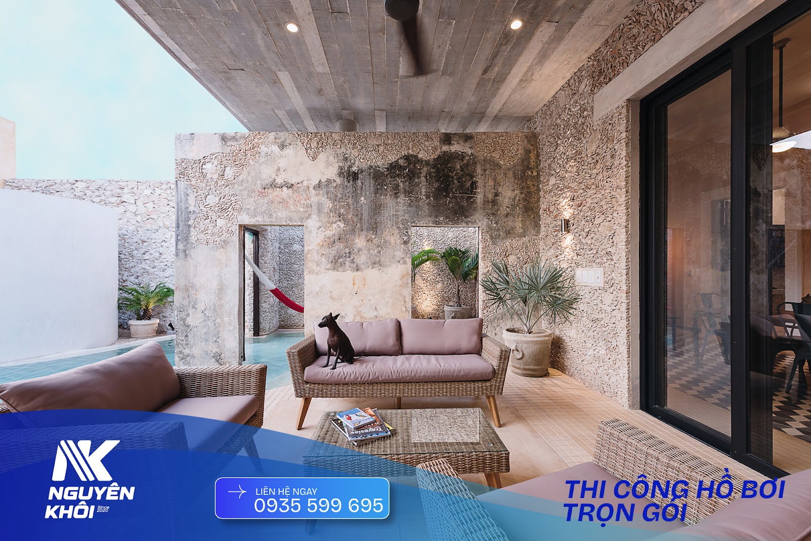 Cây xanh kết hợp đá tự nhiên hồ bơi