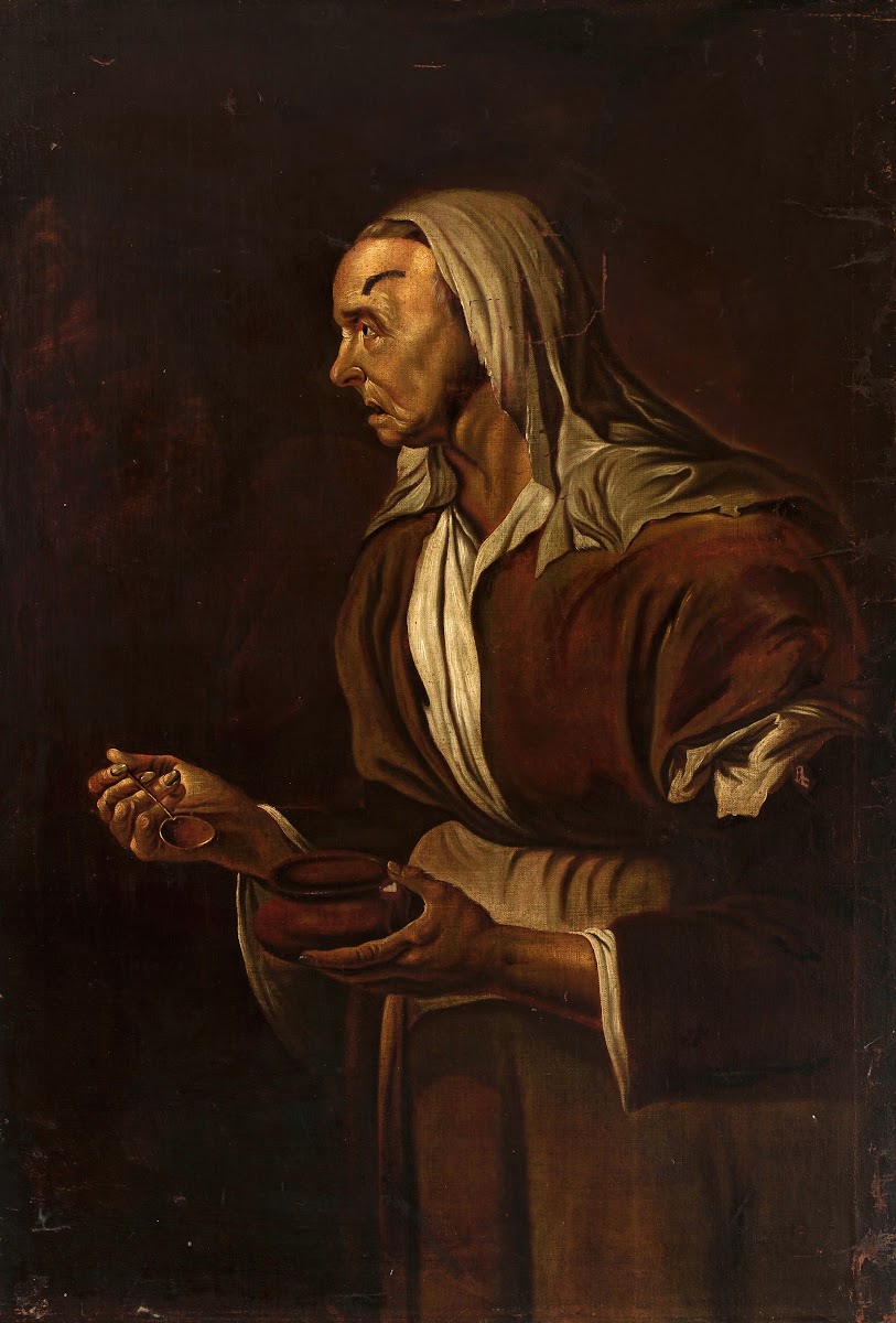 Portrait of an old woman with a bowl