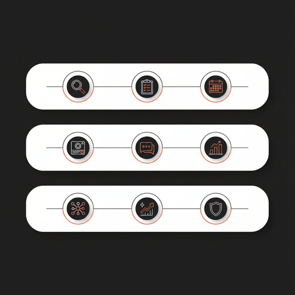 Minimal 2D vector 90-day timeline infographic with three horizontal phase bands (Days 1–14, 15–45, 46–90), action icons and progress rings in brand colors, no text — how many followers to get a blue tick