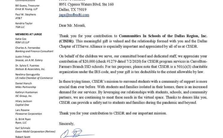 ITServe Alliance Dallas Chapter Received a Thank You letter From Communities in Schools of The Dallas Region