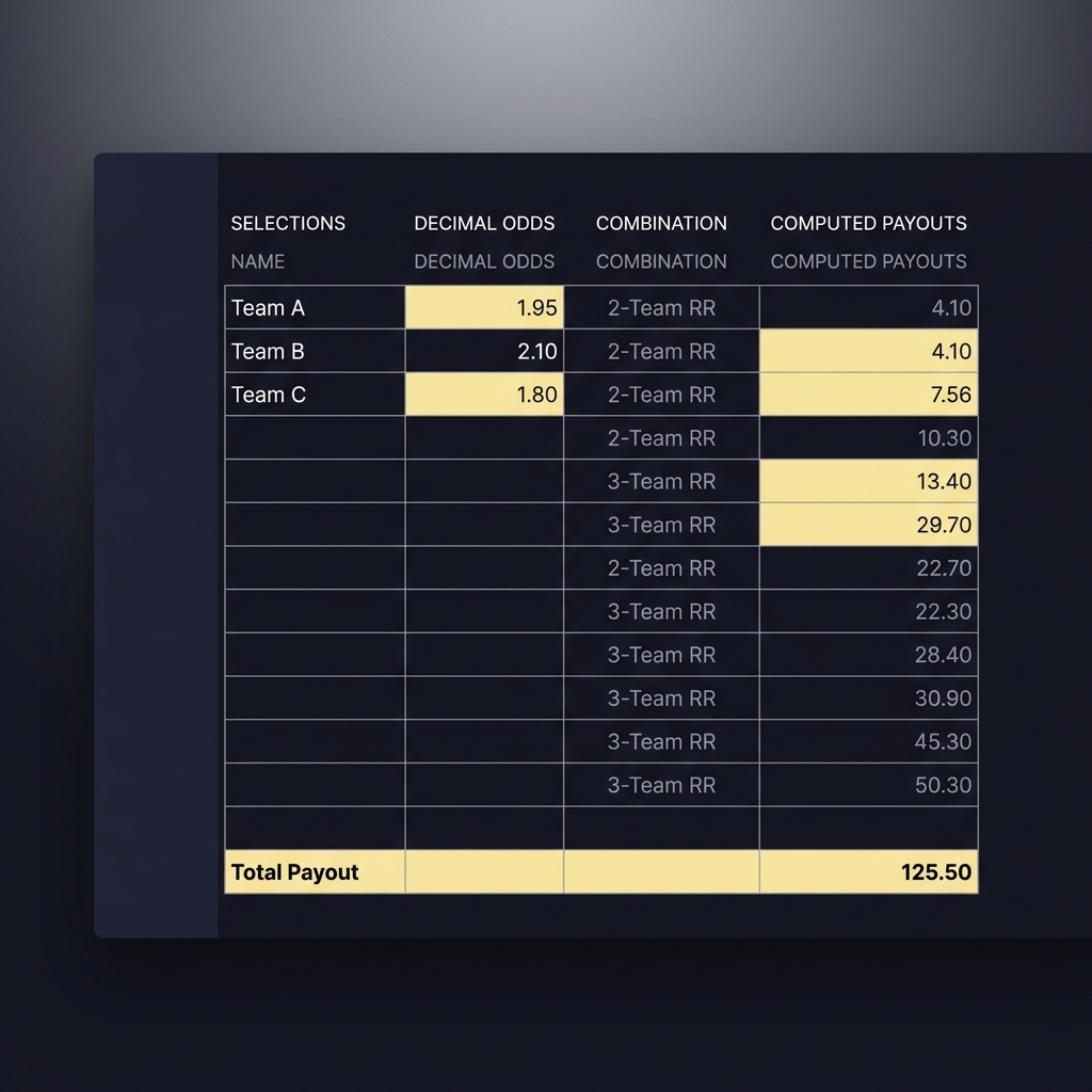 Minimalist spreadsheet mockup of a round robin odds calculator showing selections converted decimal odds combination rows and computed payouts on a Funded Plays dark branded background