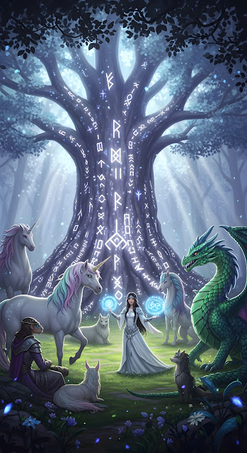 Mystical Forest Guardian and Creatures near Rune Tree - Free mobile Wallpaper