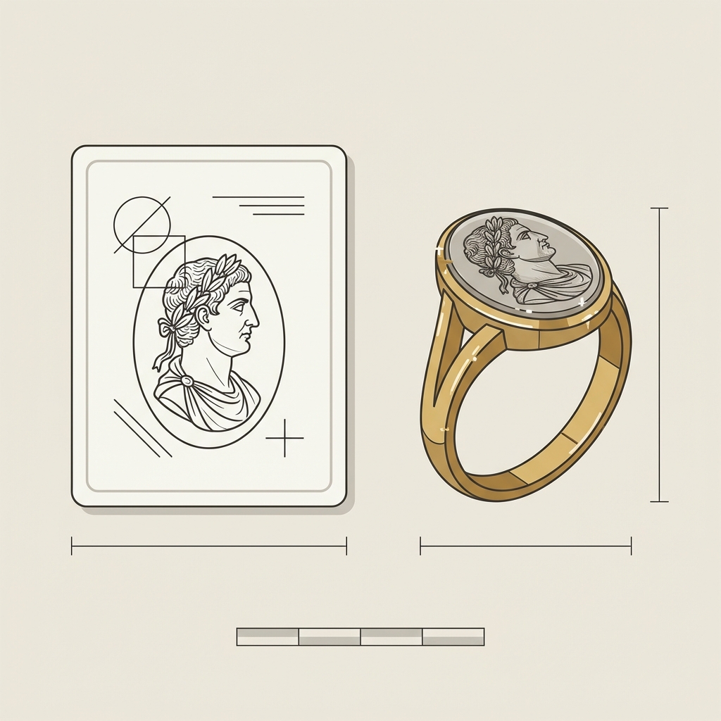 Minimalist 2D vector of a museum catalogue page beside a detailed roman intaglio ring with measurement lines and a scale bar on a warm neutral background