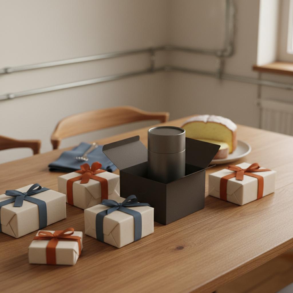 Nahaufnahme Esstisch mit sorgfältig verpackten Geschenken und Schachtel mit kleinem Metallstück, dezenter Vanillekuchen im Hintergrund — Wie bedanke ich mich bei einem Handwerker?