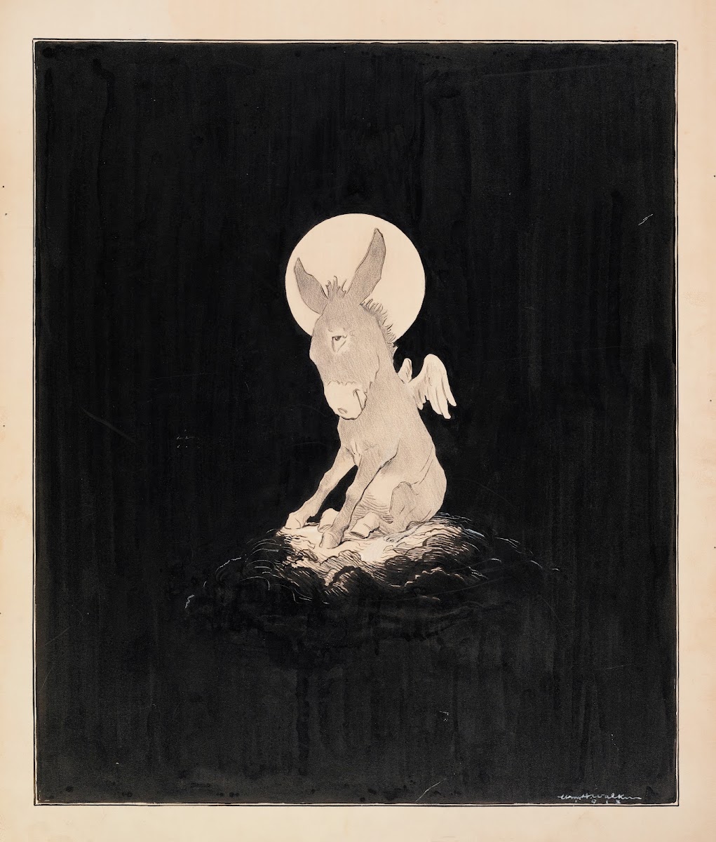 A donkey with wings and a halo sitting on a cloud surrounded by blackness 1913