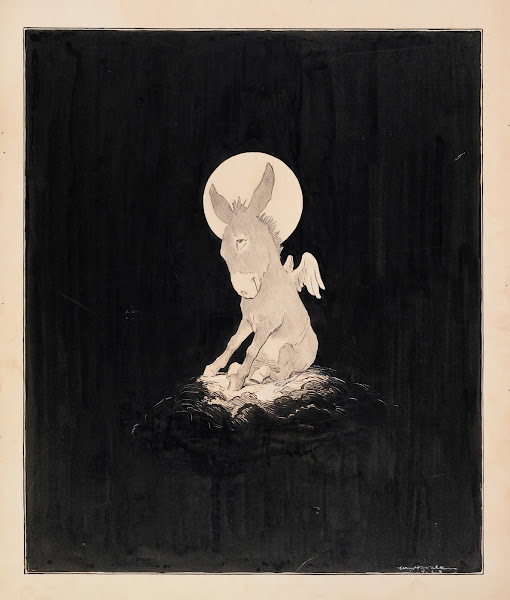 A donkey with wings and a halo sitting on a cloud surrounded by blackness 1913