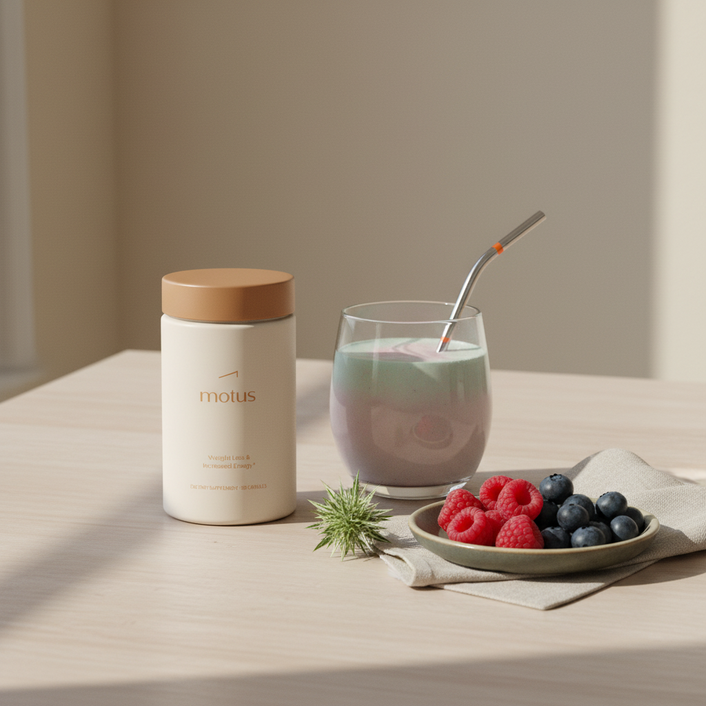 Minimalist morning scene on a neutral wooden table with Tonum Motus jar beside a prepared smoothie, fresh berries and a milk thistle leaf in soft natural light — Herbalife meal replacement