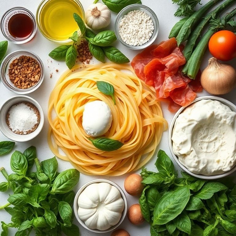 Ingredients for Creamy Basil and Garlic Pasta with Burrata and Prosciutto – Easy Homemade Dinner in 40 Minutes