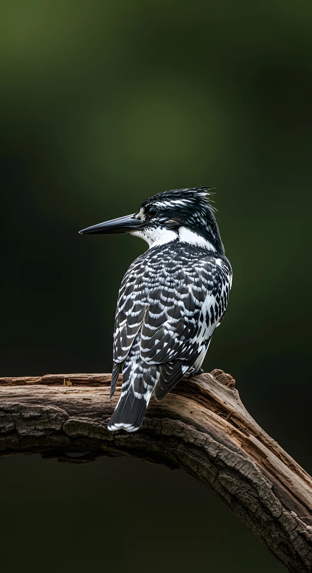 Pied Kingfisher Perched on Log Against Dark Green Bokeh - Free 4K mobile Wallpaper