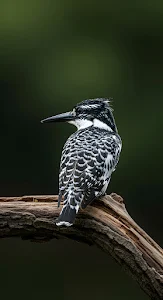 Pied Kingfisher Perched on Log Against Dark Green Bokeh