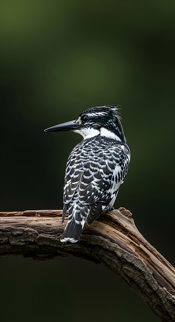 Pied Kingfisher Perched on Log Against Dark Green Bokeh - Free mobile Wallpaper