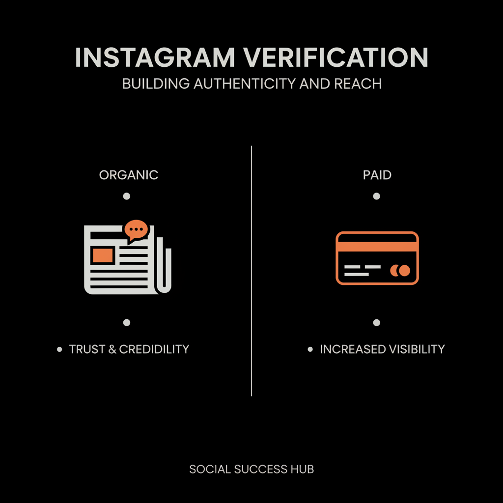 Minimal vector infographic comparing organic vs paid verification with newspaper and credit card icons for instagram verification.