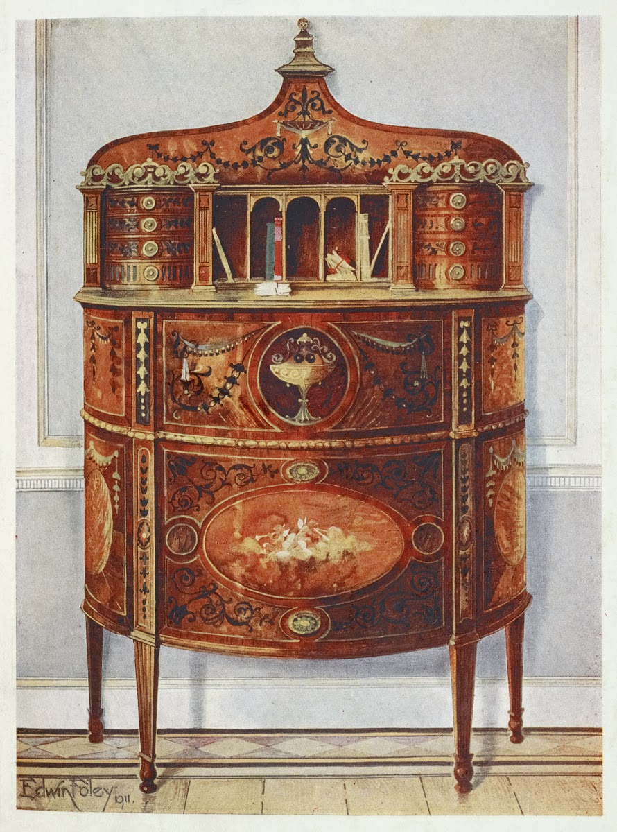 Inlaid and painted satinwood writing desk cabinet ormolu mounted 1910   1911