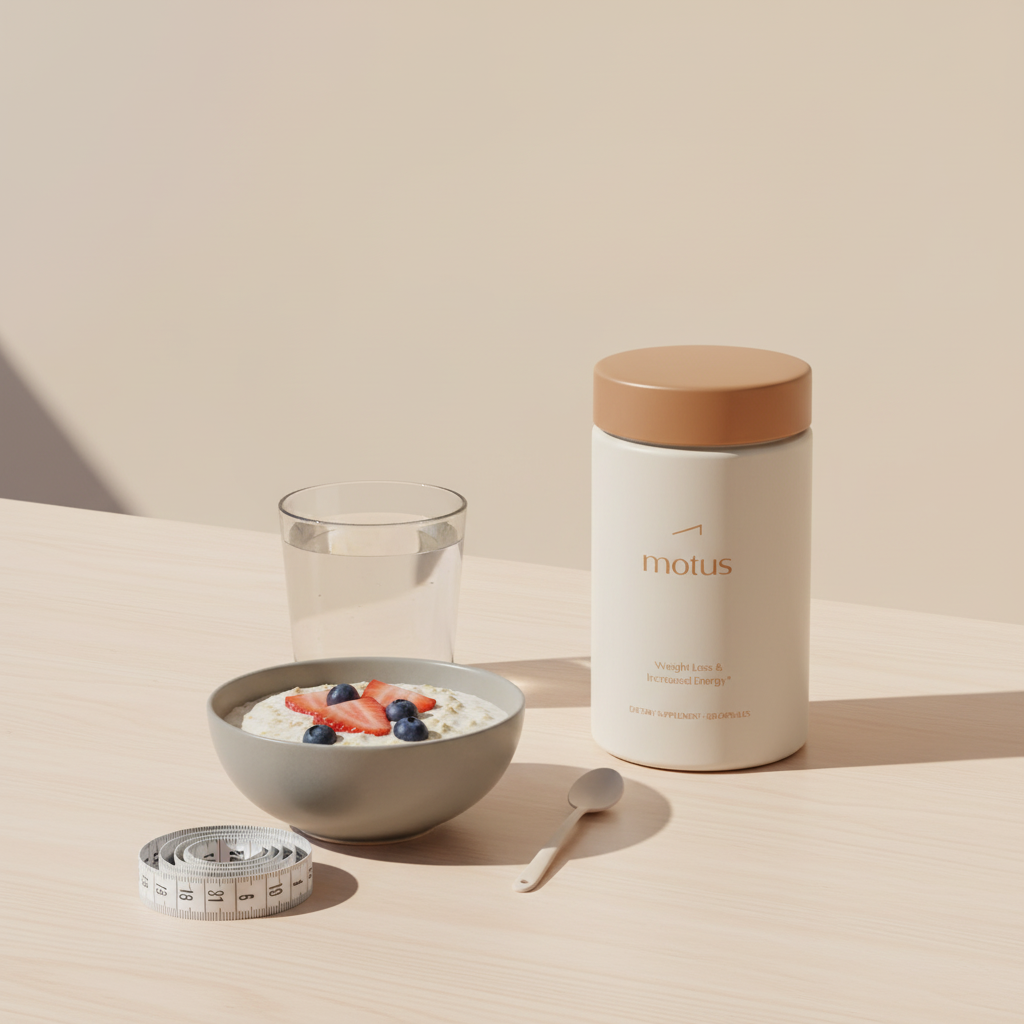 Motus supplement bottle on wooden table with glass of water, bowl of oats and berries and measuring tape against Tonum background, illustrating how to lose 10 pounds in 2 weeks.
