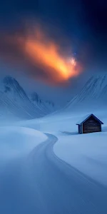 Eerie Arctic Valley with Orange Aurora and Cabin