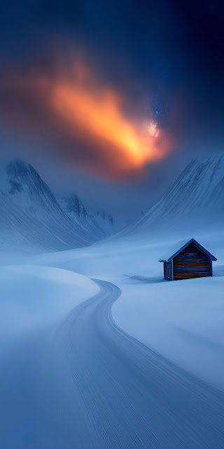 Eerie Arctic Valley with Orange Aurora and Cabin - Free mobile Wallpaper