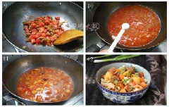 Cà chua mềm nhừ thì cho thịt bò vào đảo và thêm nước, nêm nếm gia vị. Tiếp đến cho khoai tây, cà rốt vào, đun thêm 10 phút nữa thì tắt bếp. Mì luộc vừa chín tới, đổ ra rổ cho ráo nước.