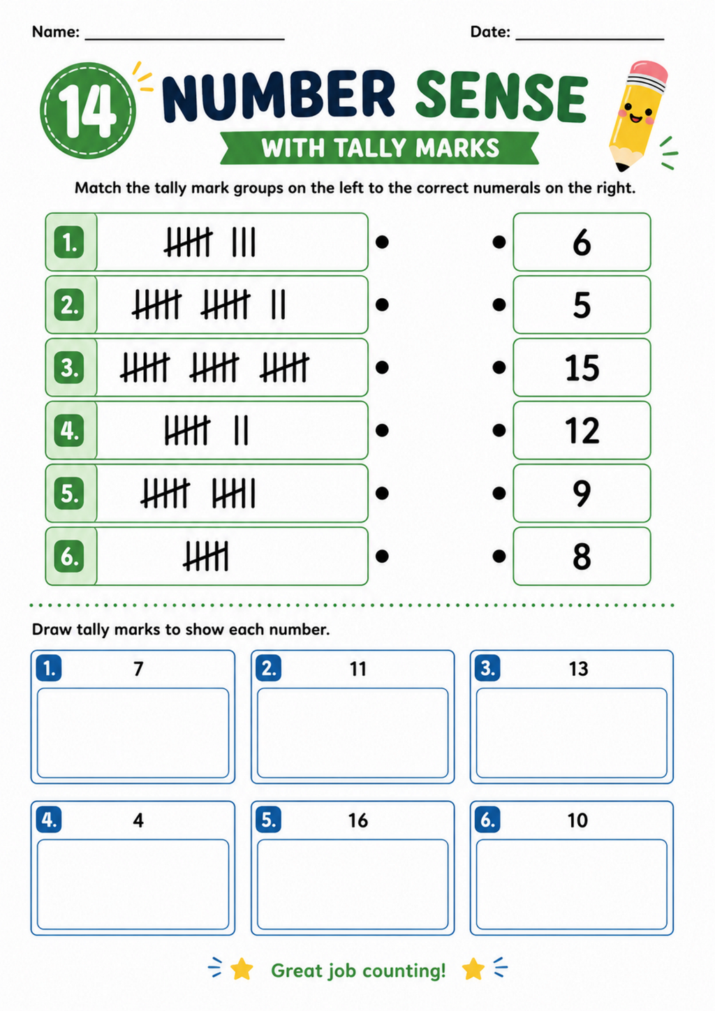 Number Sense with Tally Marks Worksheet