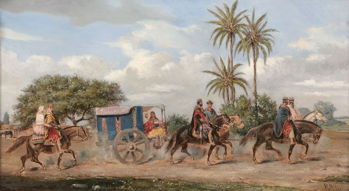 Une caravane de gauchos et leurs chariots traversant la Pampa Argentine