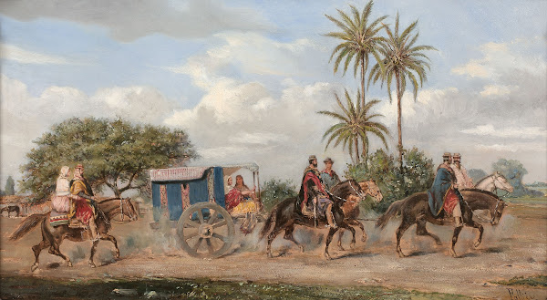 Une caravane de gauchos et leurs chariots traversant la Pampa Argentine