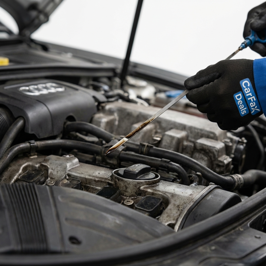 Close up full frame engine bay of a used Audi showing oil residue and a dipstick being checked by a gloved hand on a white background with CarFax Deals blue accents used audi for sale