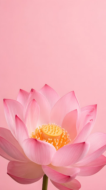 Pastel pink lotus positioned low against a smooth blush background with open space above.