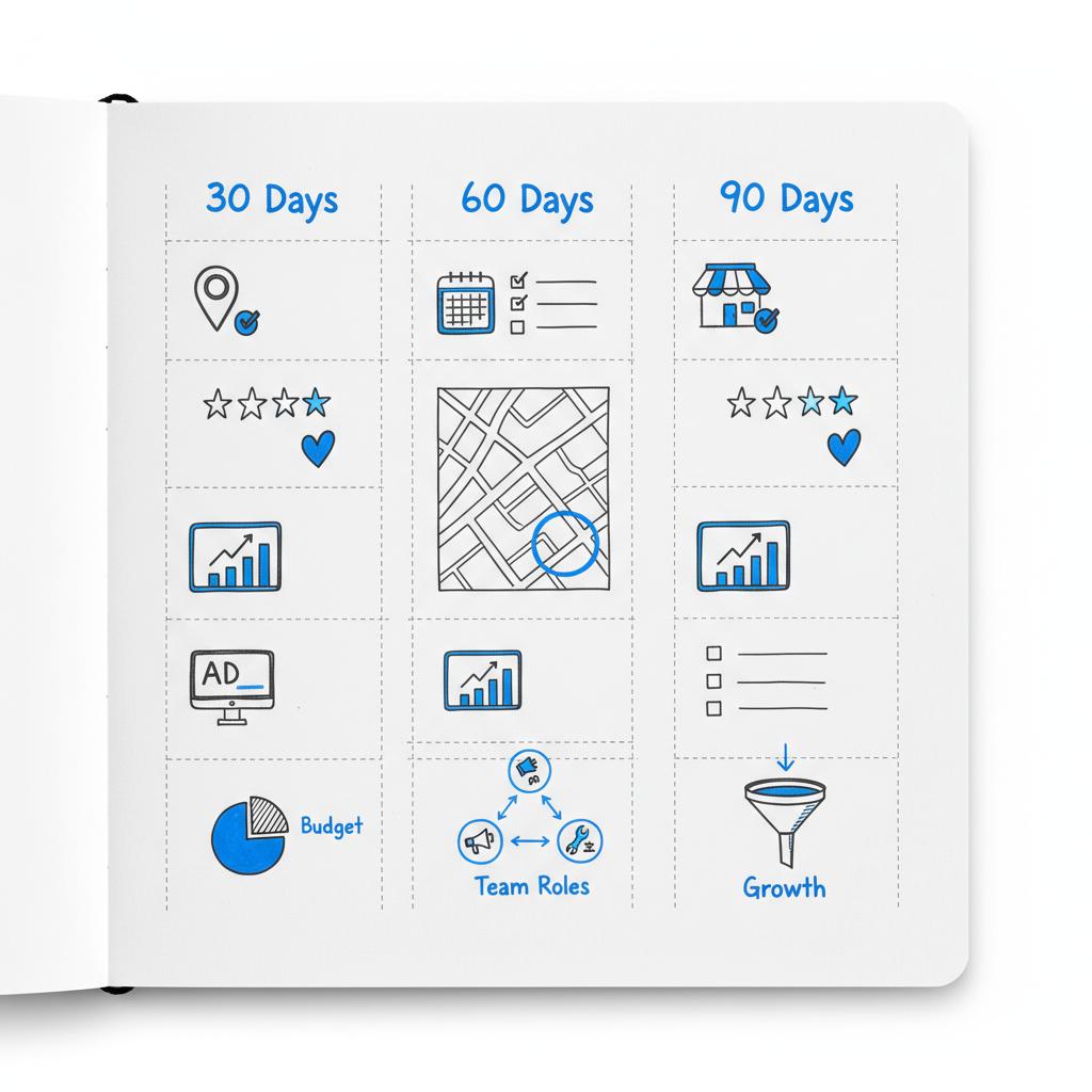Close-up notebook sketch of a 90-day cleaning-business checklist using icons for claiming GBP, asking reviews, ad testing and a local map &mdash; how to get clients for cleaning services