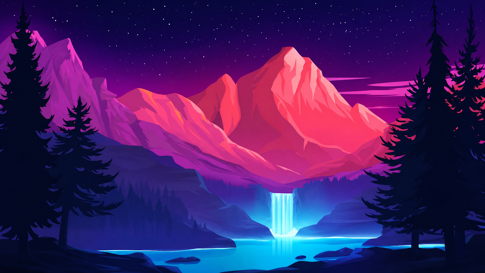 Neon Mountain Waterfall At Night - Digital Illustration 4K Wallpaper (3840x2160)