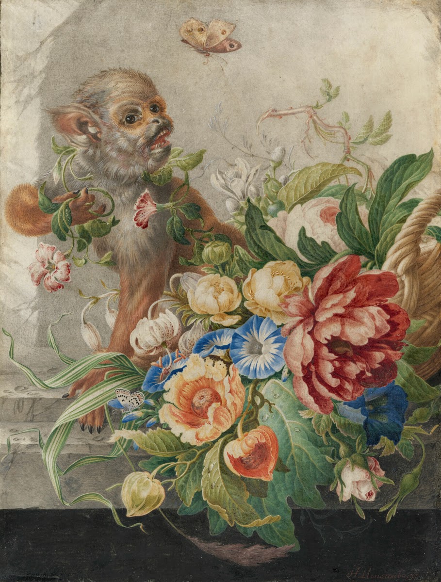 A basket with flowers in a stone niche with a monkey and a butterfly