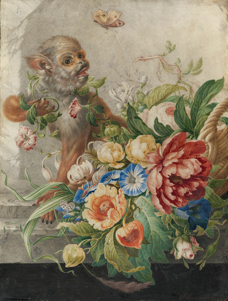 A basket with flowers in a stone niche with a monkey and a butterfly