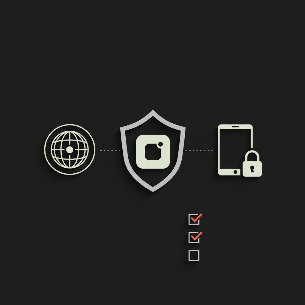 Minimal 2D vector infographic of layered defenses: shielded app icon, Tor/VPN node, locked device and checklist on black background, untraceable privacy theme