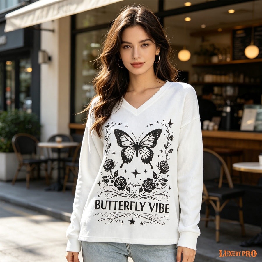 AOP V Neck Knit Like Sweater