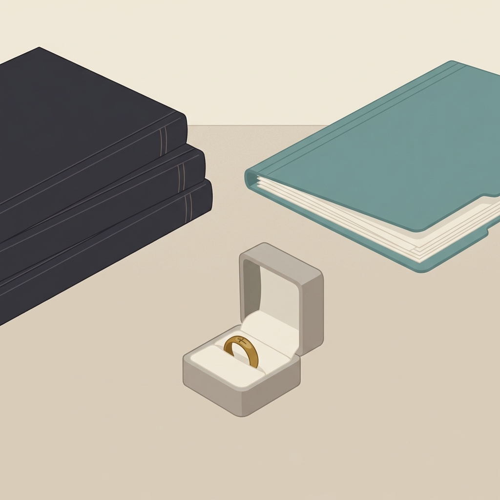 Minimalist 2D vector of a curator table with catalogues provenance folder and boxed ancient christian ring in Aurora Antiqua neutral palette