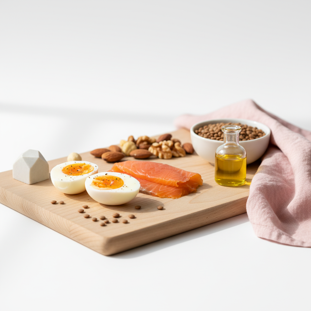 Lebensmittel-Stillleben mit Eiern, Lachs, Linsen, Nüssen und Leinöl – Nährstoffe für starke Nägel in minimalistischer NailX-Ästhetik