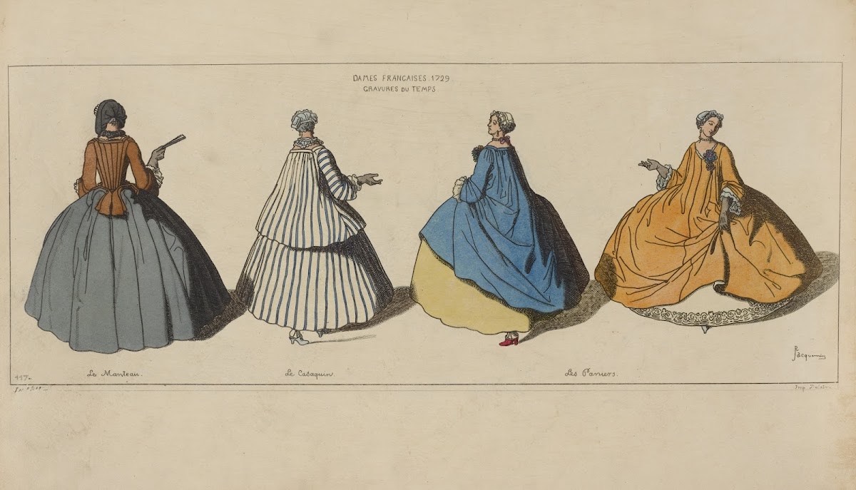 Dames Francaises 1729 gravures du temps Le manteau Le casaquin Les paniers 1869