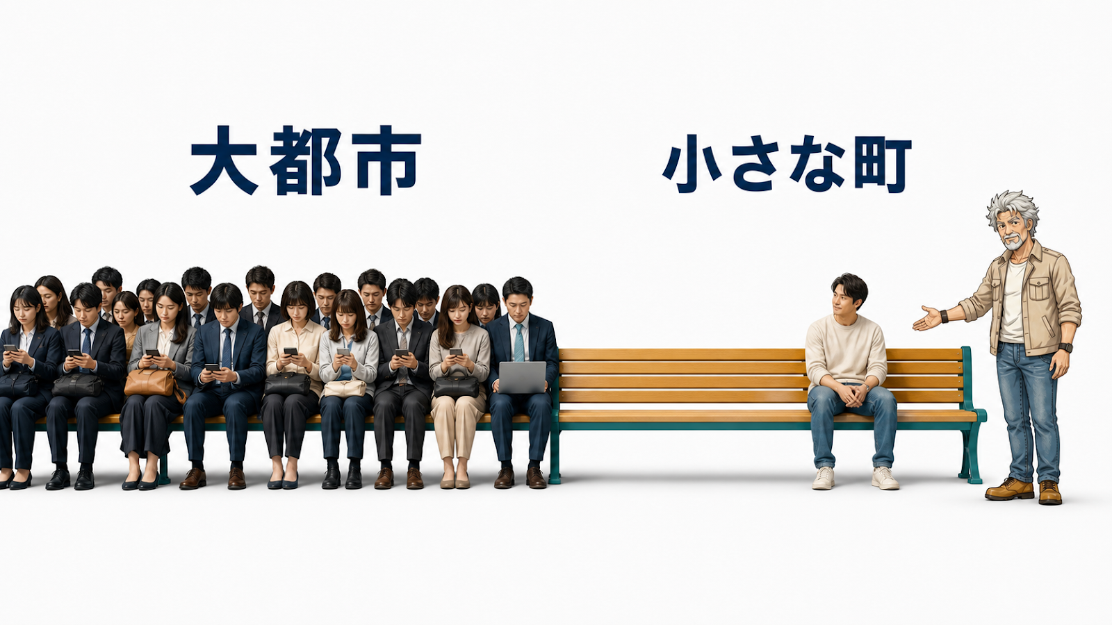 大都市のベンチは満席で小さな町のベンチは空いている図