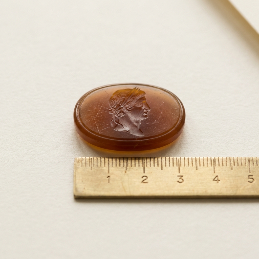 Macro full frame photo of a carnelian ancient signet ring intaglio showing engraved iconography and tool marks with a brass ruler for scale on ede7da background
