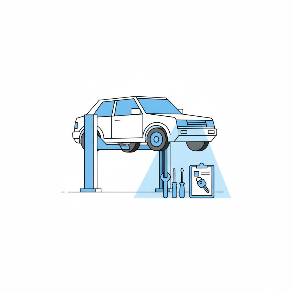 Minimal 2D vector of a used car on a lift with a blue flashlight beam illuminating the undercarriage and tools nearby suggesting a car used for sale inspection