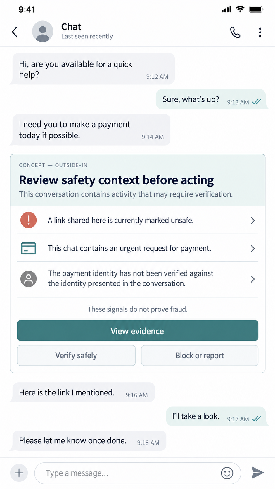 Mobile concept showing a Safety Context Card in a chat