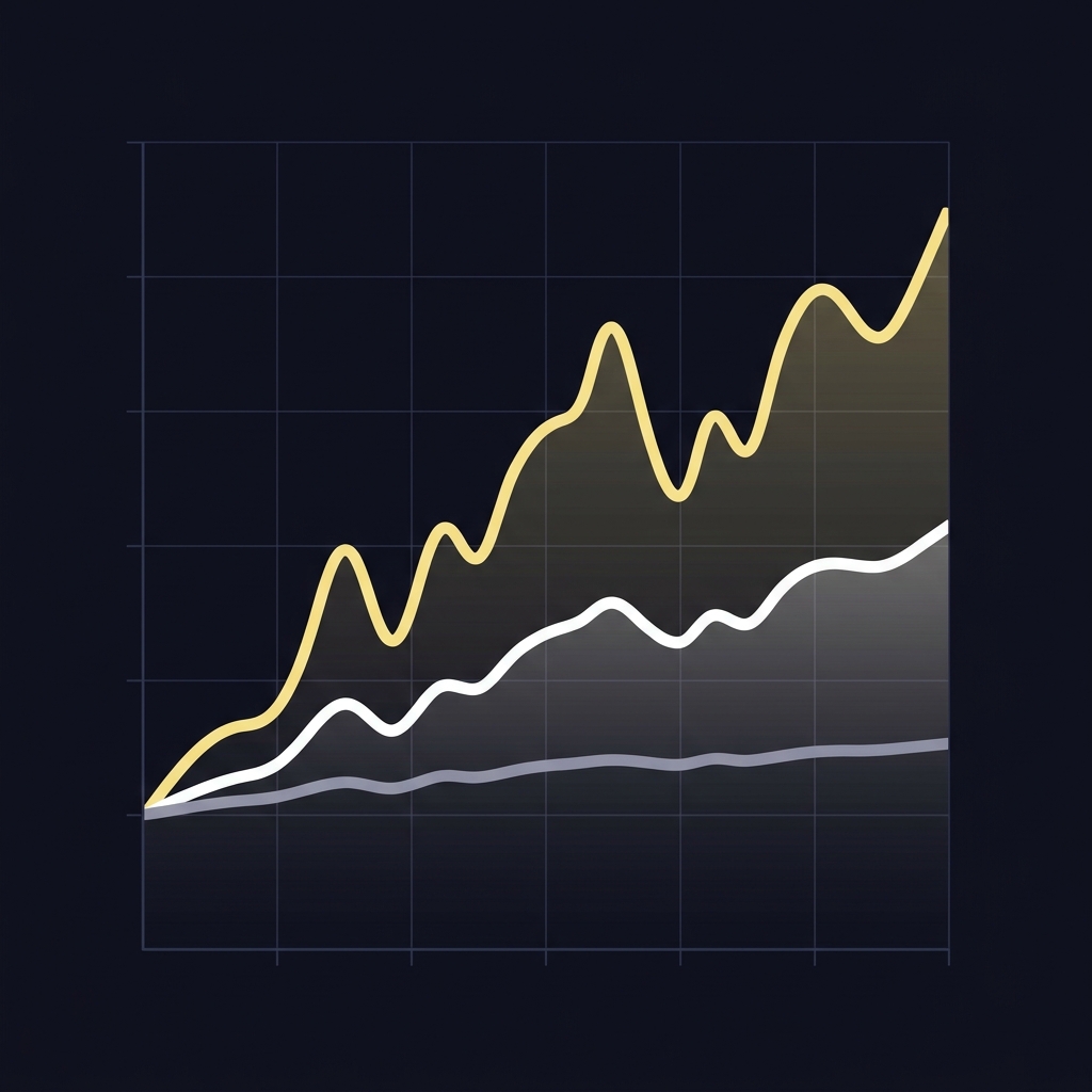 Minimalist vector line chart comparing full Kelly half Kelly and flat percent staking bankroll curves for winning parlays on a dark Funded Plays style background
