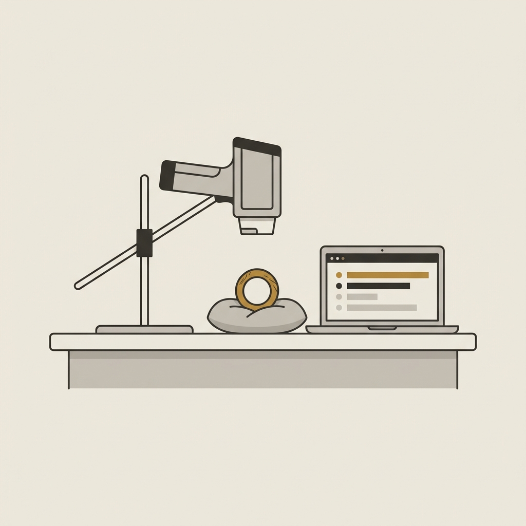 Minimalist 2D vector of a lab bench with a portable XRF device positioned over an oldest gold ring and a laptop showing a simplified elemental readout