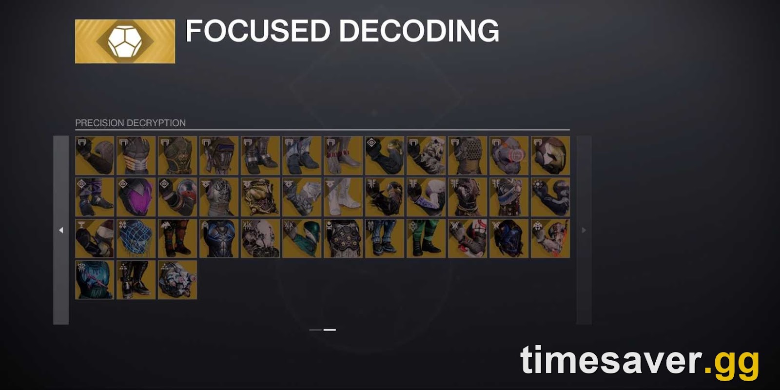 Rahool's Focused Decoding menu in Destiny 2, showing Exotic armor focusing options
