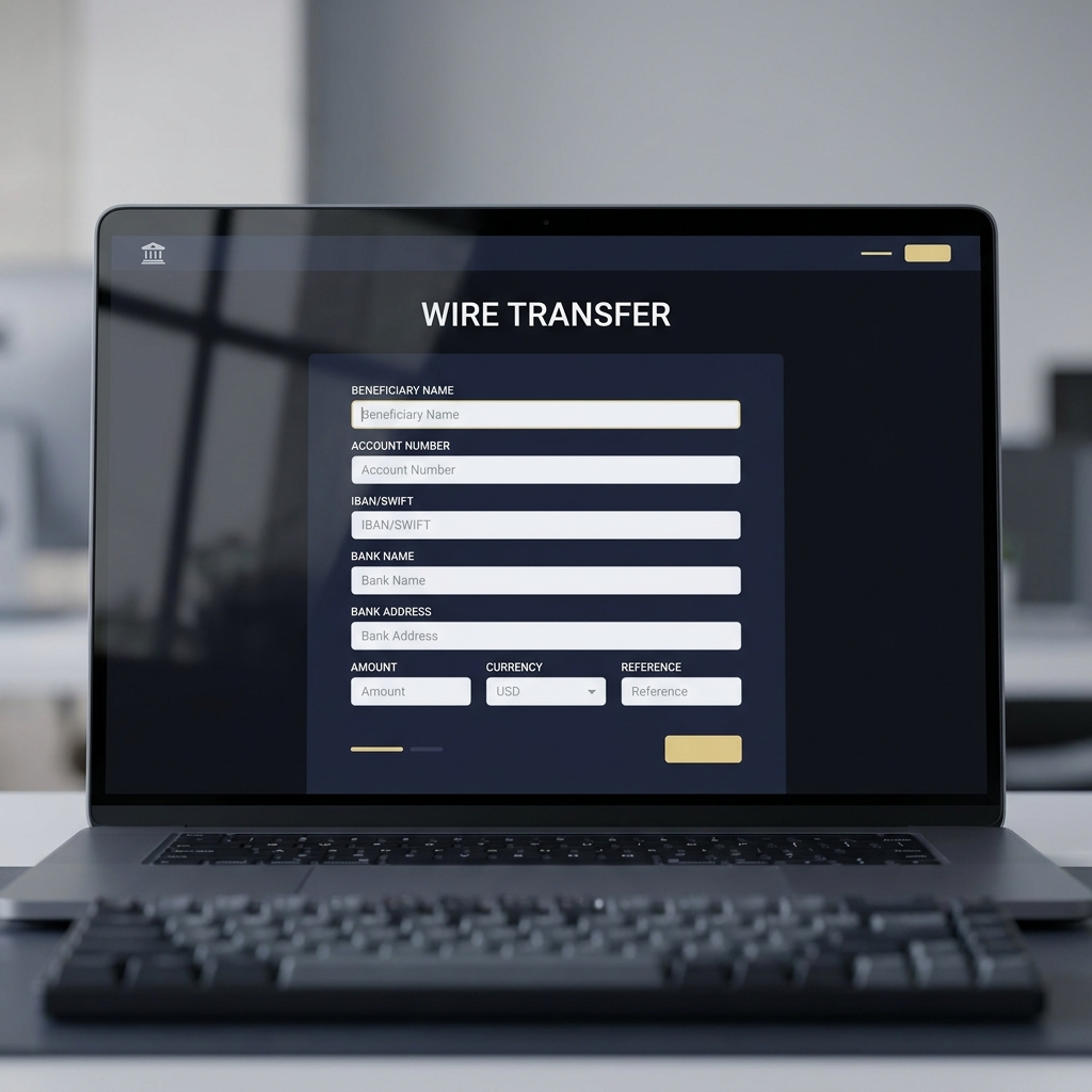 Close up of a laptop screen showing a bank wire transfer form with a visible bank logo and wire transfer headline minimalist Funded Plays style betus withdrawal