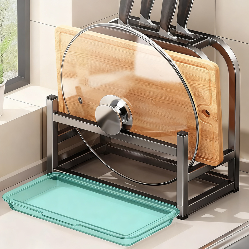 Knife stand with cutting board and pot lid holder