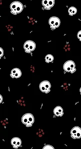 Minimalist Seamless Pattern of Scattered Cartoon Skulls on a Black Background