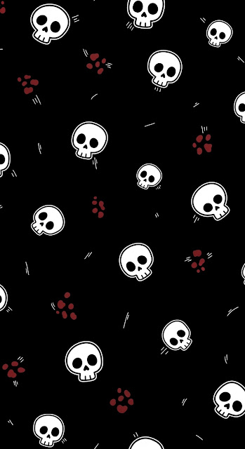 Minimalist Seamless Pattern of Scattered Cartoon Skulls on a Black Background - Free mobile Wallpaper