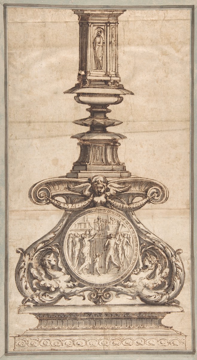 Design of a Candlestick with Winged Figures at Base Surrounding Scenic Medallion